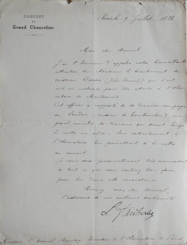 Faidherbe intercède pour une nomination à l'Observatoire de Montsouris