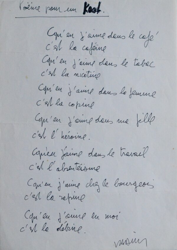 Amusant poème autographe signé de Roger Vadim