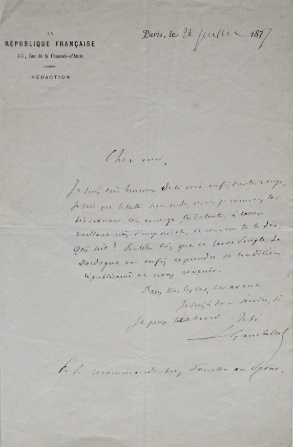 Jolie lettre politique de Léon Gambetta "à cœur vaillant, rien d’impossible"