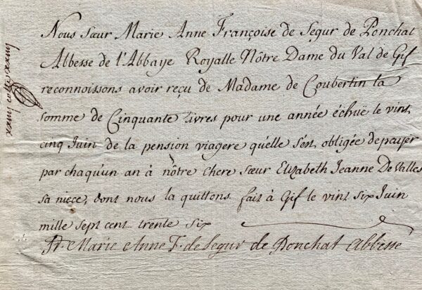 Abbaye Notre-Dame du Val-de-Gif : deux reçus des abbesses Ségur de Poncent et Béthune d'Orval