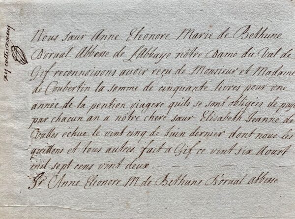 Abbaye Notre-Dame du Val-de-Gif : deux reçus des abbesses Ségur de Poncent et Béthune d'Orval