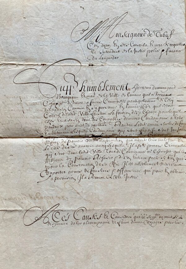Pièce signée par Tubeuf, intendant du Languedoc, relative à deux condamnés à la pendaison