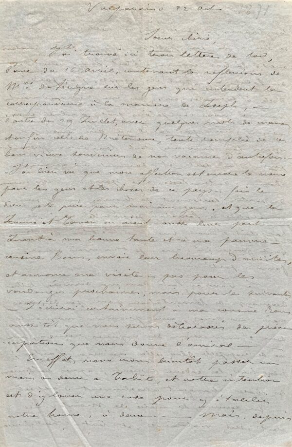 Passionnante lettre de Pierre Loti, de Valparaiso, avant de partir pour l'île de Pâques et Tahiti