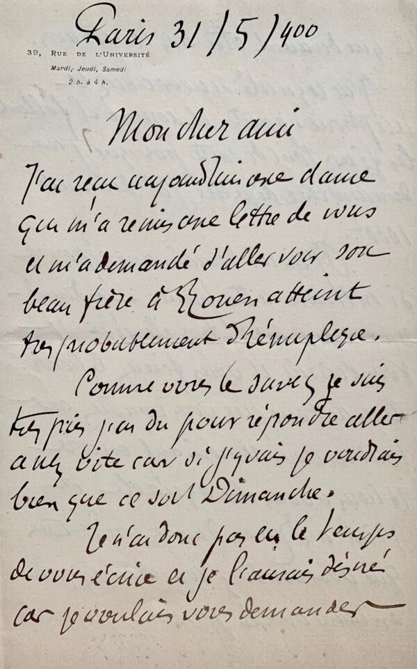 Gilles de La Tourette fixe ses honoraires pour un cas d'hémiplégie