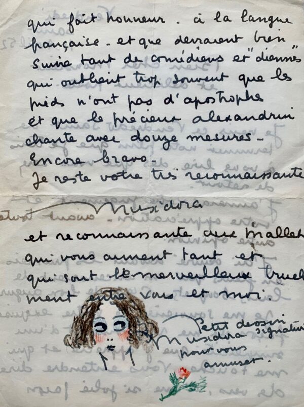 Jolie lettre de Musidora illustrée d'un autoportrait