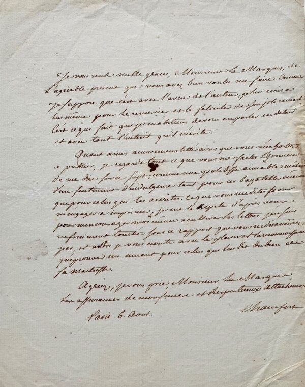 Belle lettre de Chamfort jugeant sévèrement sa production littéraire