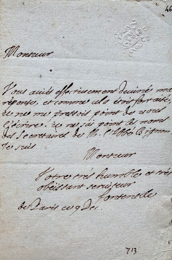 Rare lettre de Fontenelle à l'abbé Jean Hautefeuille