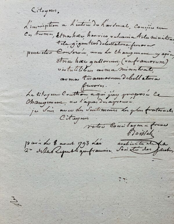 François Boissel, du Club des Jacobins, propose de changer l'inscription de l'Arsenal