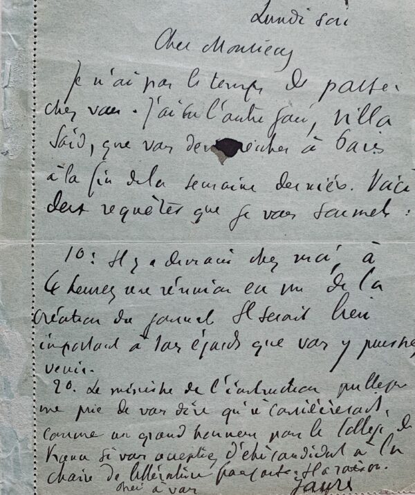 Lettre de Jean Jaurès à Anatole France évoquant la fondation de l'Humanité