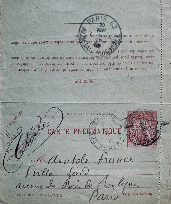 Lettre de Jean Jaurès à Anatole France évoquant la fondation de l'Humanité