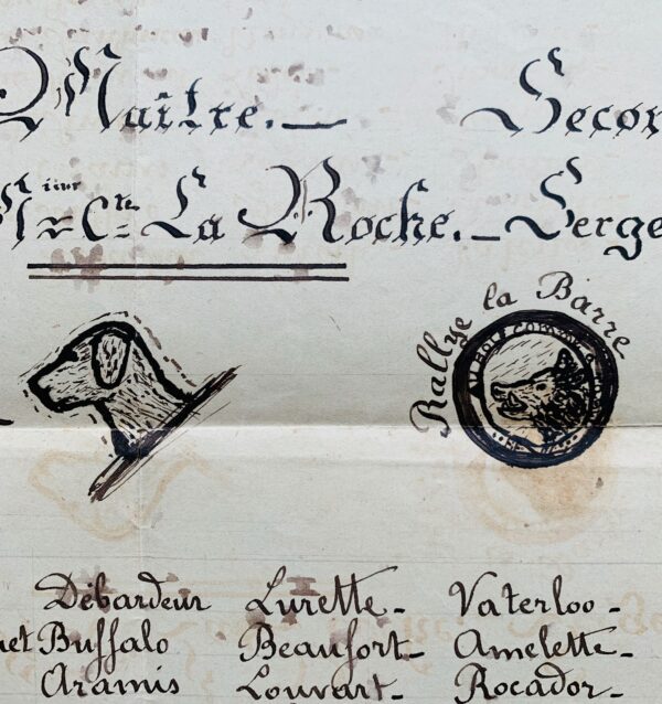 Chasse à courre au vautrait de la Barre (Allier) : ensemble de documents manuscrits fin XIXe