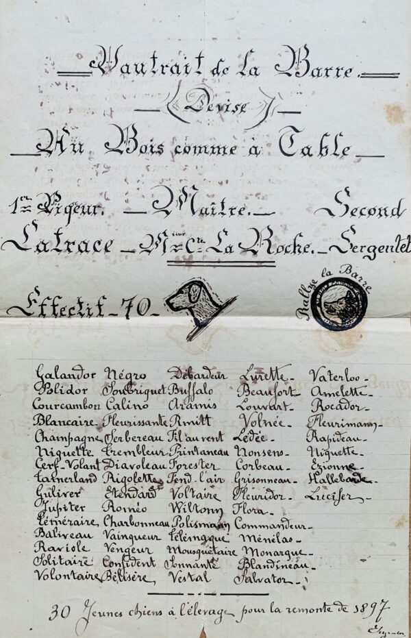 Chasse à courre au vautrait de la Barre (Allier) : ensemble de documents manuscrits fin XIXe