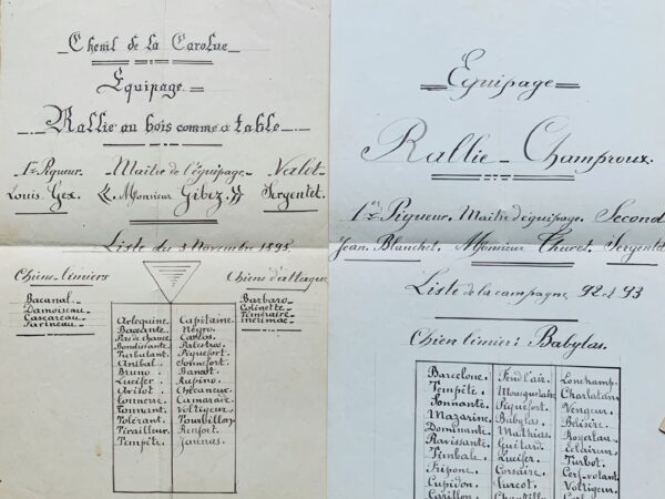 Chasse à courre au vautrait de la Barre (Allier) : ensemble de documents manuscrits fin XIXe