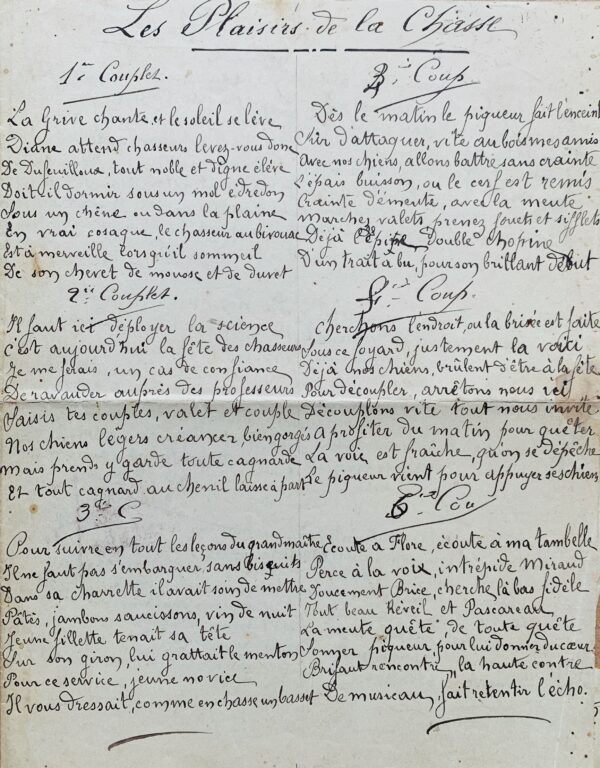 Chasse à courre au vautrait de la Barre (Allier) : ensemble de documents manuscrits fin XIXe