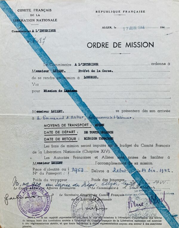 Deux ordres de mission de 1944 pour la Corse délivrés par le Comité Français de la Libération Nationale