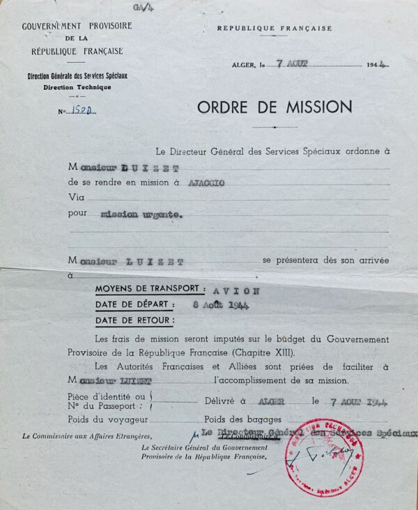 Deux ordres de mission de 1944 pour la Corse délivrés par le Comité Français de la Libération Nationale