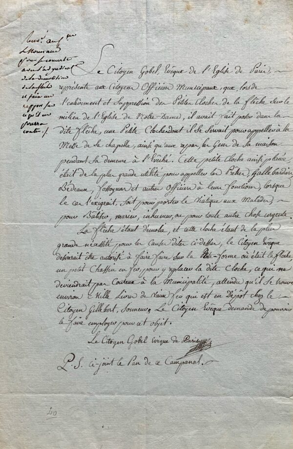 L'évêque de Paris, Gobel, demande le rétablissement d'une cloche de la fèche de Notre-Dame