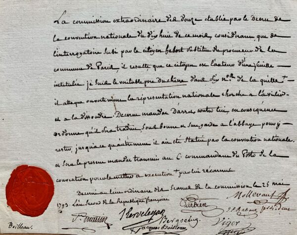 Mandat d'arrêt contre Hébert, le "Père Duchêne", signé par la commission des douze