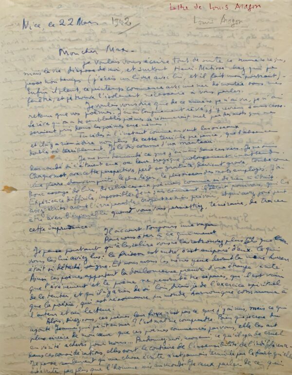 Magnifique lettre d'Aragon à Max-Pol Fouchet, véritable profession de foi du poète