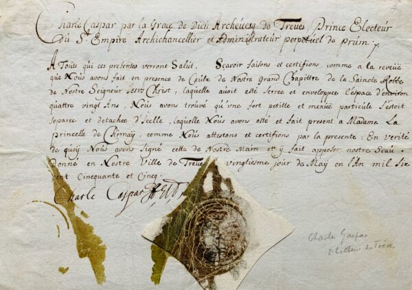 Le prince-électeur de Trèves, Charles-Gaspard, fait don d'une relique à la princesse de Chimay