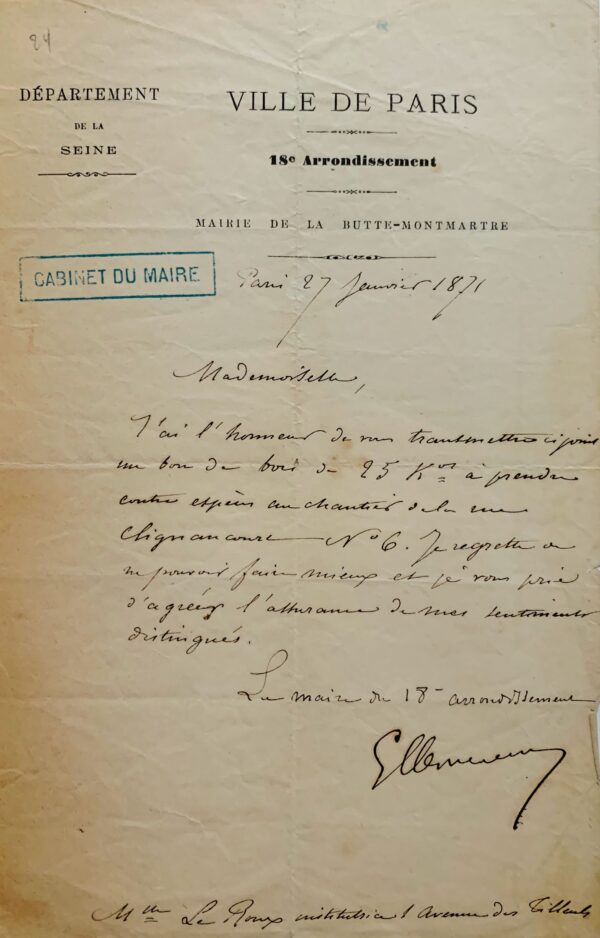 En plein siège de Paris, Clemenceau octroie du bois à une institutrice