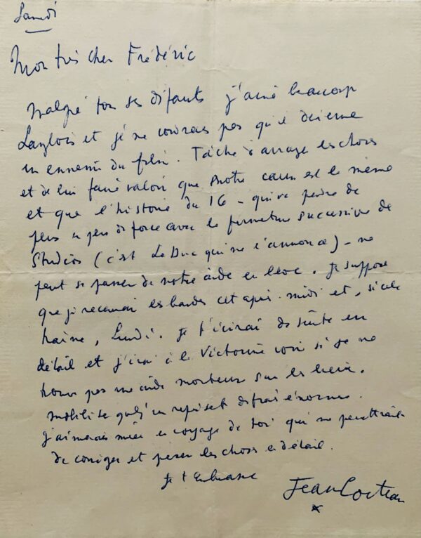 Lettre de Jean Cocteau à Frédéric Rossif au sujet du montage du film sur la Villa Santo-Sospir