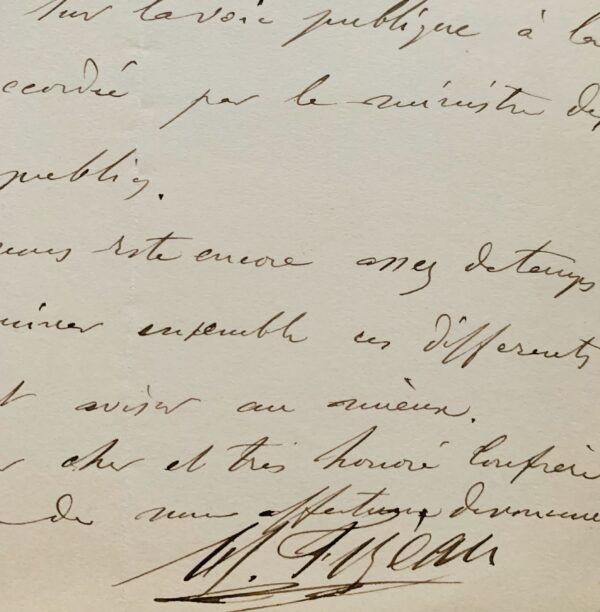 Belle lettre de l'astronome Hippolyte Fizeau sur l'inauguration de la statue de Le Verrier