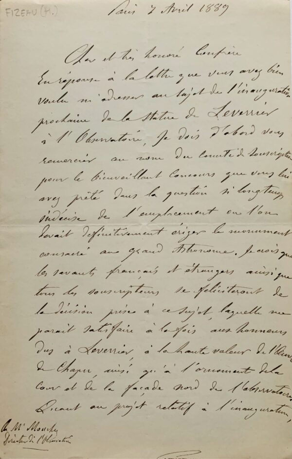 Belle lettre de l'astronome Hippolyte Fizeau sur l'inauguration de la statue de Le Verrier