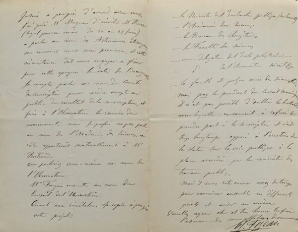 Belle lettre de l'astronome Hippolyte Fizeau sur l'inauguration de la statue de Le Verrier