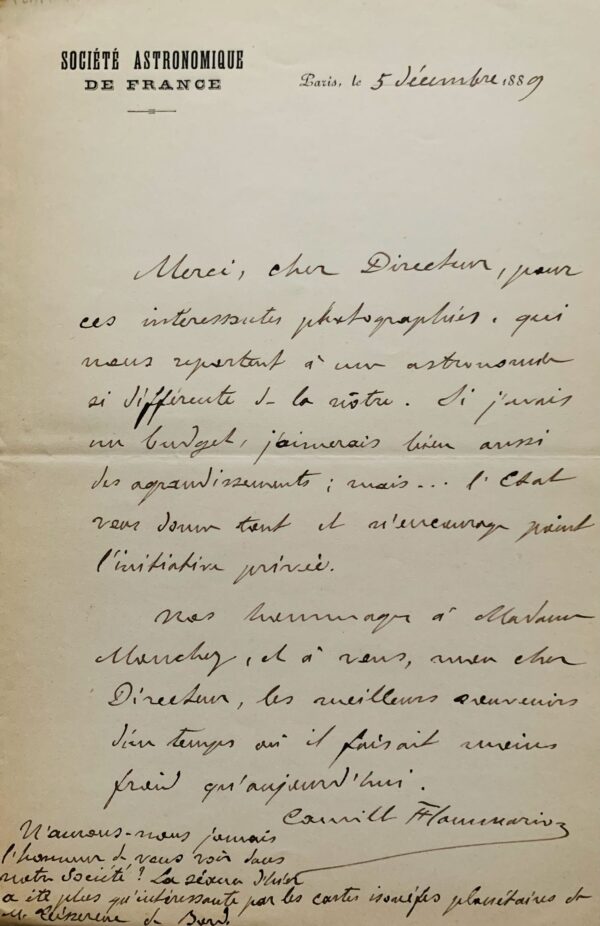 Camille Flammarion déplore le manque de considération envers l'astronomie privée
