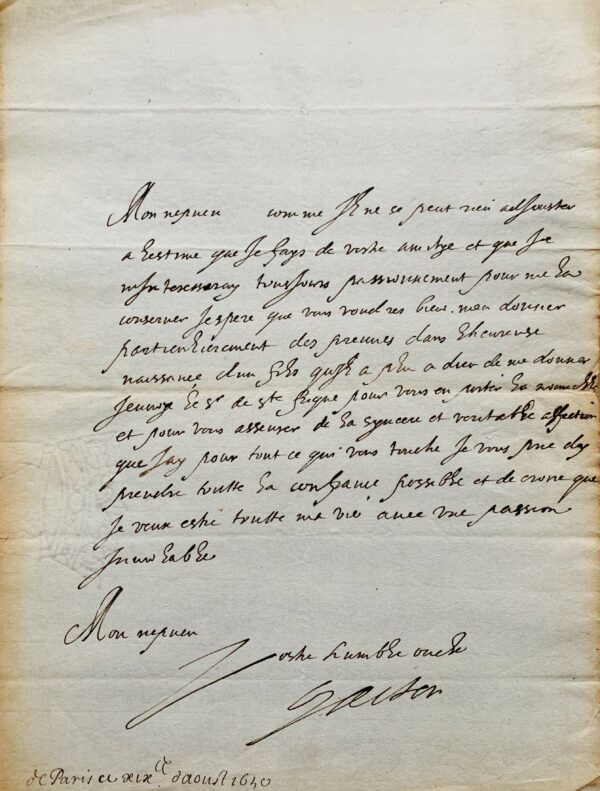 Gaston d'Orléans annonce la naissance de son héritier, Jean-Gaston