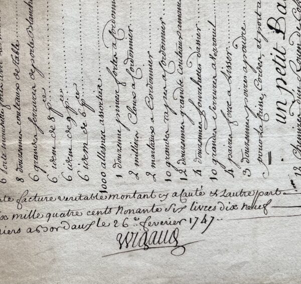 Inventaire des marchandises chargées sur un navire à Bordeaux pour la Louisiane, en 1747.