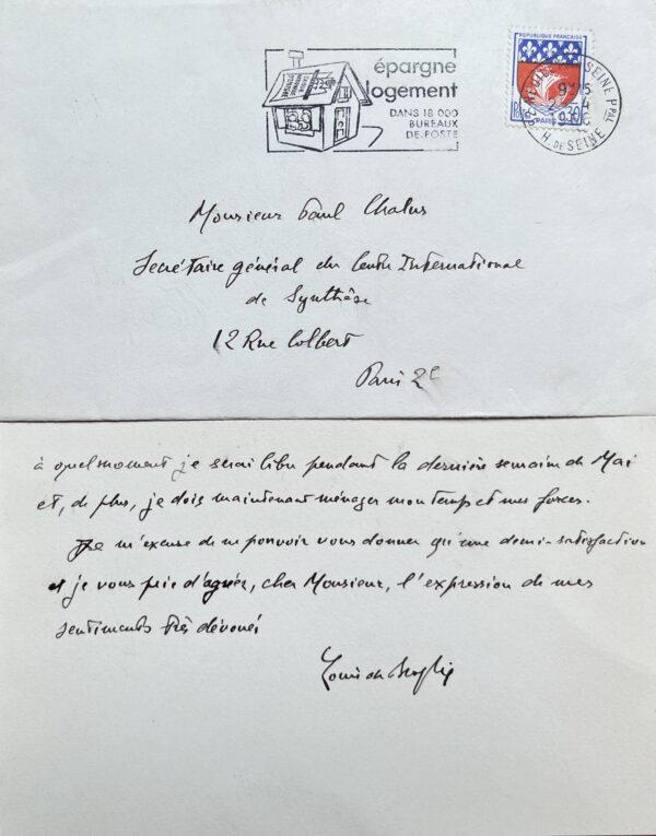 Louis de Broglie accepte de présider un colloque au Centre international de Synthèse