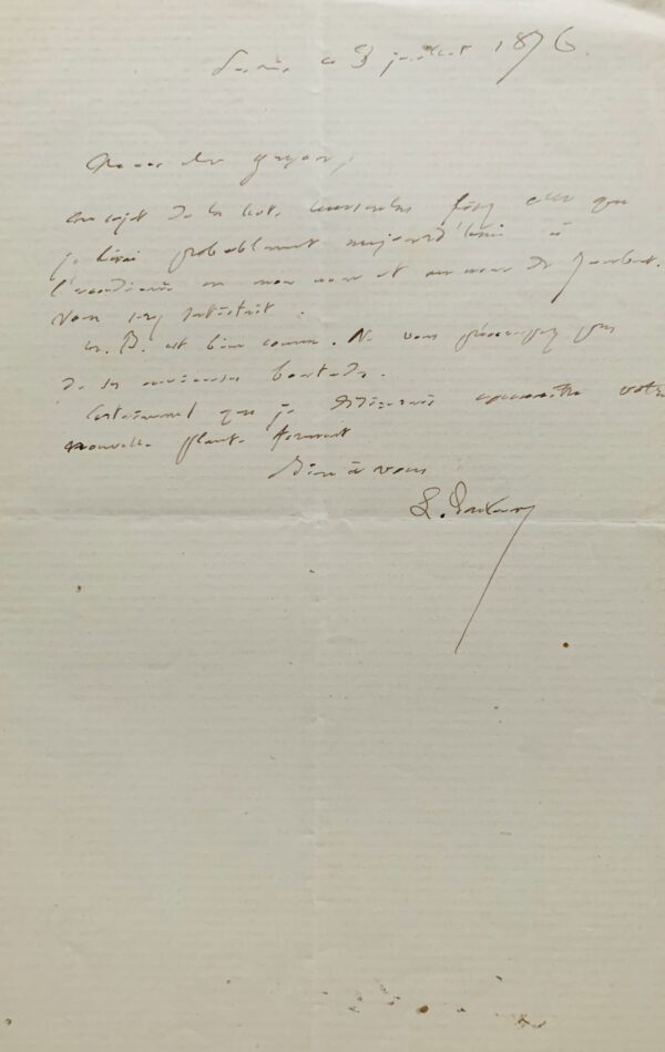 Lettre de Pasteur à son élève et collaborateur Ulysse Gayon