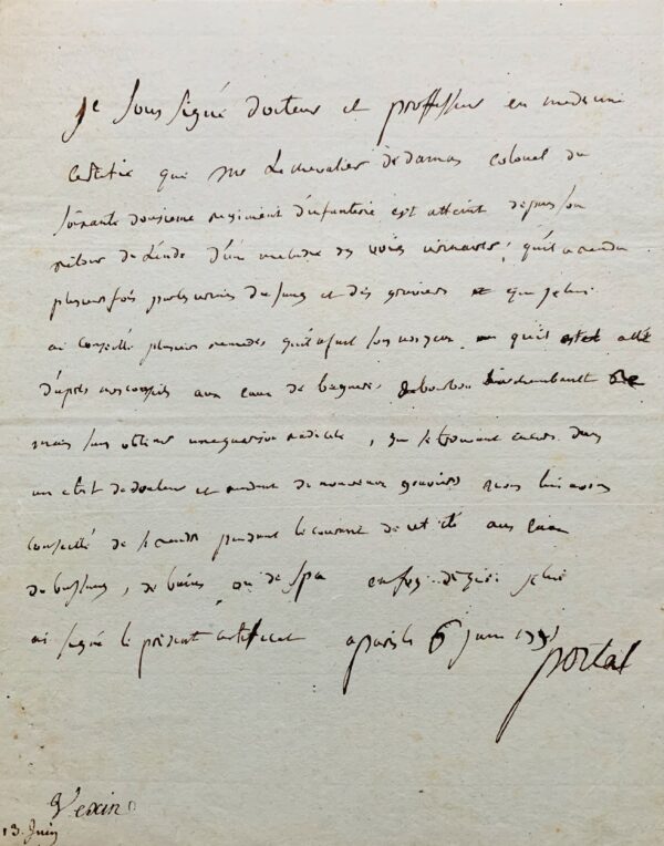 Certificat de maladie urinaire dressé par le baron Antoine Portal, pour le chevalier de Damas