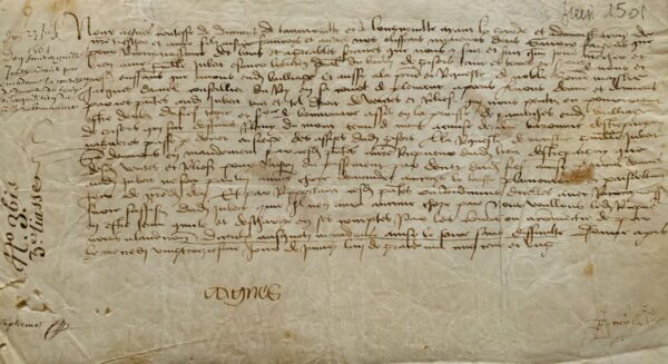 Rare document de 1501 signé par Agnès de Savoie, comtesse de Dunois