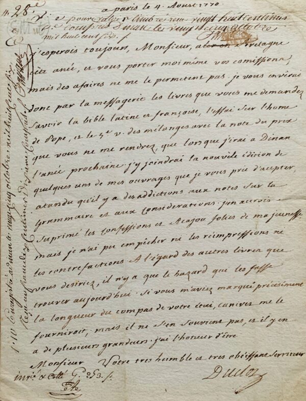 Lettre de l'académicien Charles Pinot Duclos