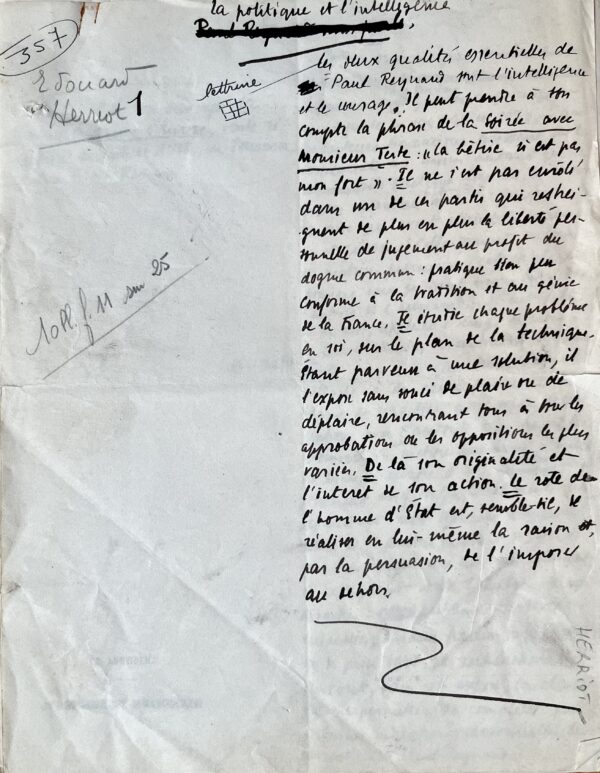 Long manuscrit d'Edouard Herriot sur Paul Reynaud : "La Politique et L'intelligence"