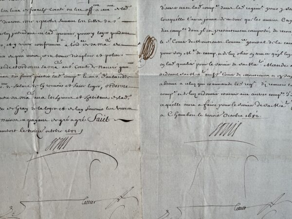 Deux lettres de Louis XIV (secrétaire) écrites du château de Chambord