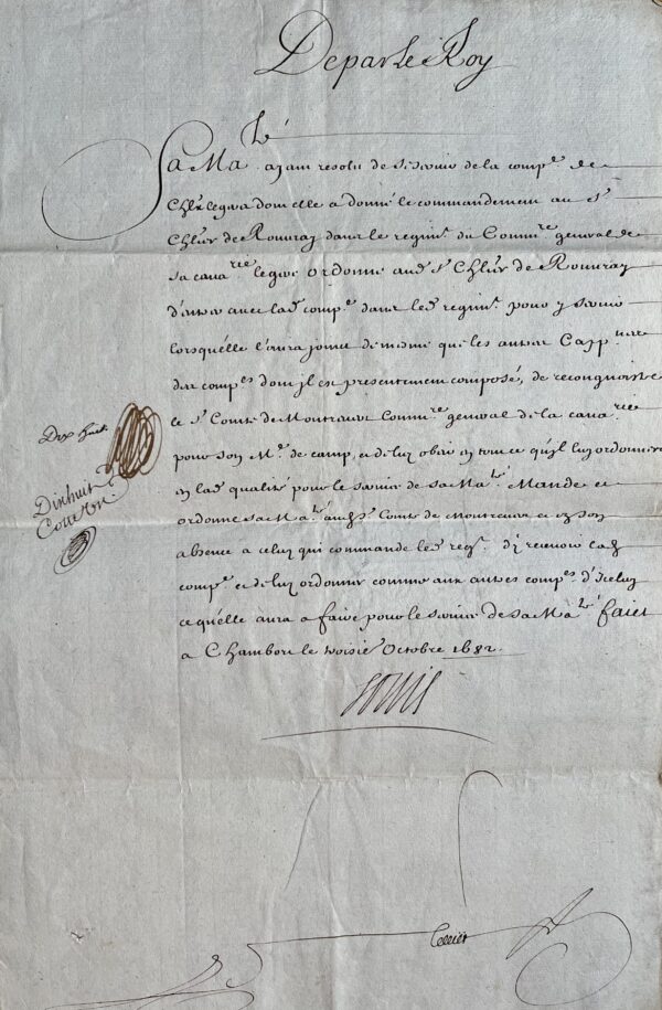 Deux lettres de Louis XIV (secrétaire) écrites du château de Chambord