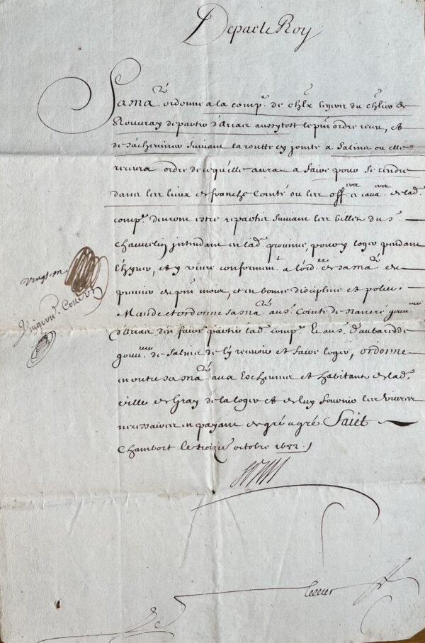 Deux lettres de Louis XIV (secrétaire) écrites du château de Chambord