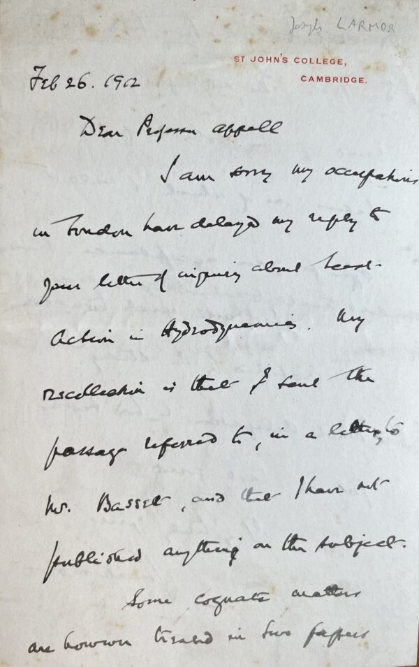 Lettre du mathématicien irlandais Joseph Larmor à Paul Appell