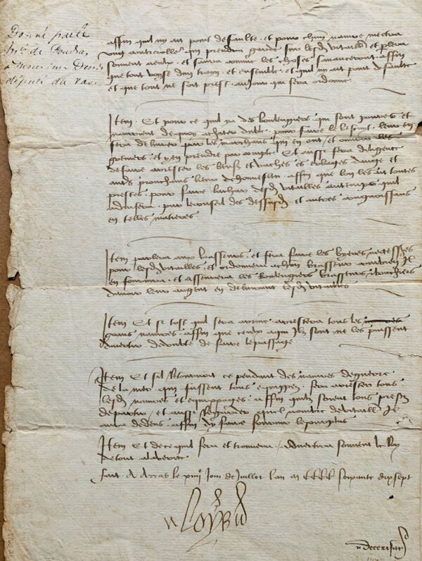 Précieux document signé par Louis XI : instructions à son maître d'hôtel pour la réception du Roi de Portugal en 1477