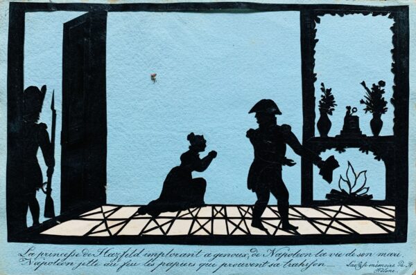 Superbe série de 5 scènes en silhouettes illustrant Napoléon et des épisodes de l'Empire