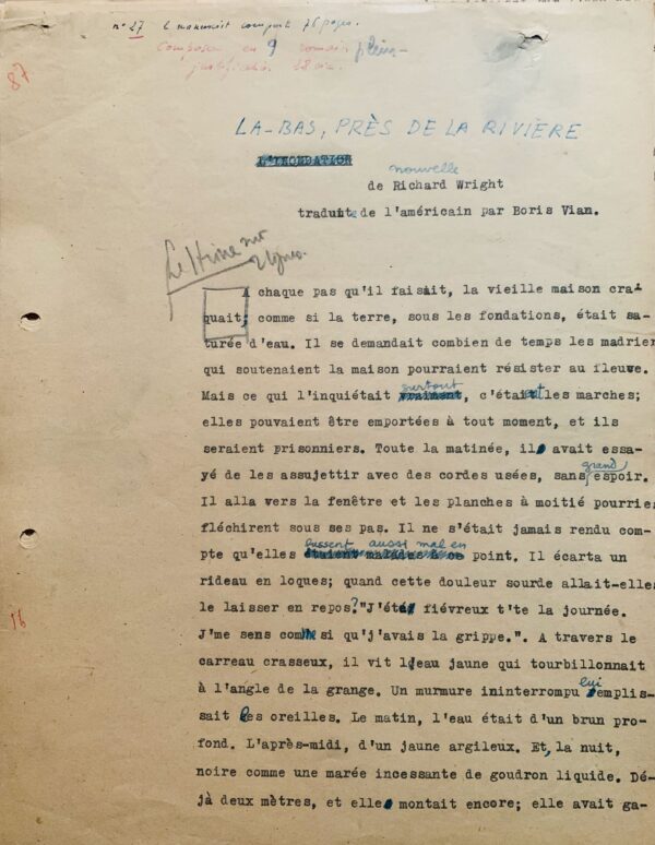 Exceptionnel manuscrit de la traduction par Boris Vian d'une nouvelle de l'écrivain afro-américain Richard Wright