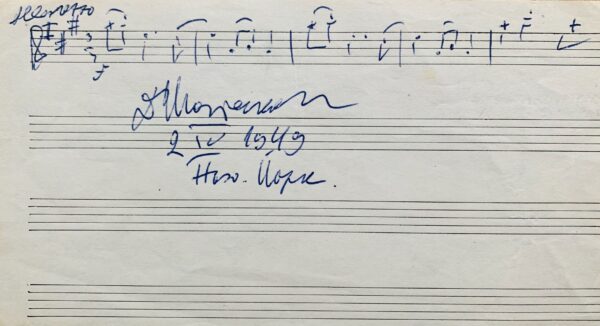 Portée musicale signée de Dmitri Chostakovitch, écrite à New York en 1949