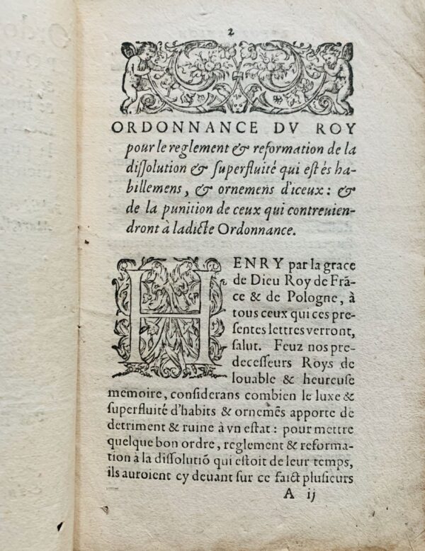 Ordonnance (imprimée) d'Henri III sur le port des vêtements des luxe et des bijoux