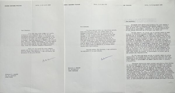 Ensemble de 3 lettres de Pierre Mendès-France relatives à François Mitterrand & aux élections