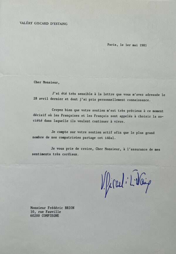 Lettre de Valéry Giscard d'Estaing écrite entre les deux tours de l'élection présidentielle de 1981