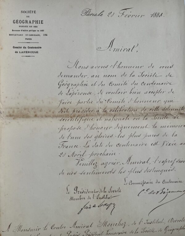 Ferdinand de Lesseps recrute Mouchez au sein du Comité du centenaire de Lapérouse